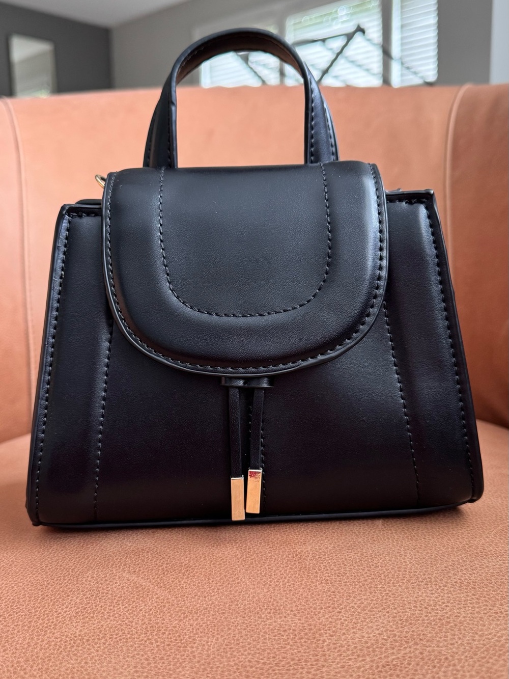 Zara Black Mini Structured Top-Handle Bag with Gold Accents